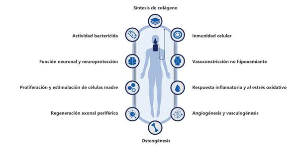 Efectos fisiológicos principales generados con el tratamiento de oxigenación hiperbárica.