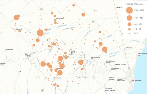 Mapa de distribución de los establecimientos de producción en el partido de Balcarce, provincia de Buenos Aires.