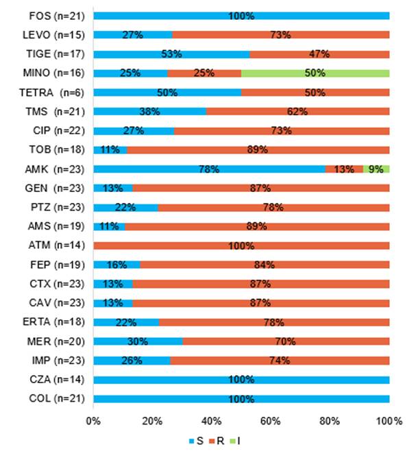 Porcentaje de cepas de Klebsiella pneumoniae S, R e intermedio (I) (n=23).