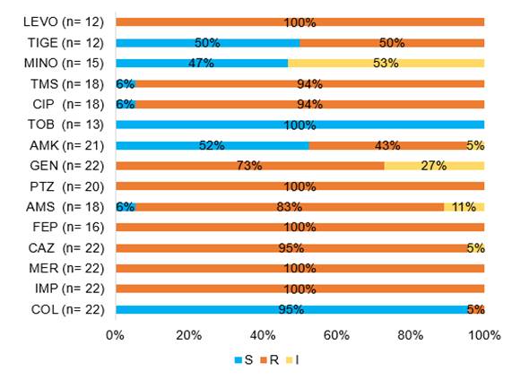 Porcentaje de cepas de Acinetobacter baumannii S, R e I (n=22).
