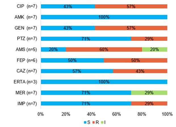 Porcentaje de cepas de Proteus mirabilis S, R e I (n=10).