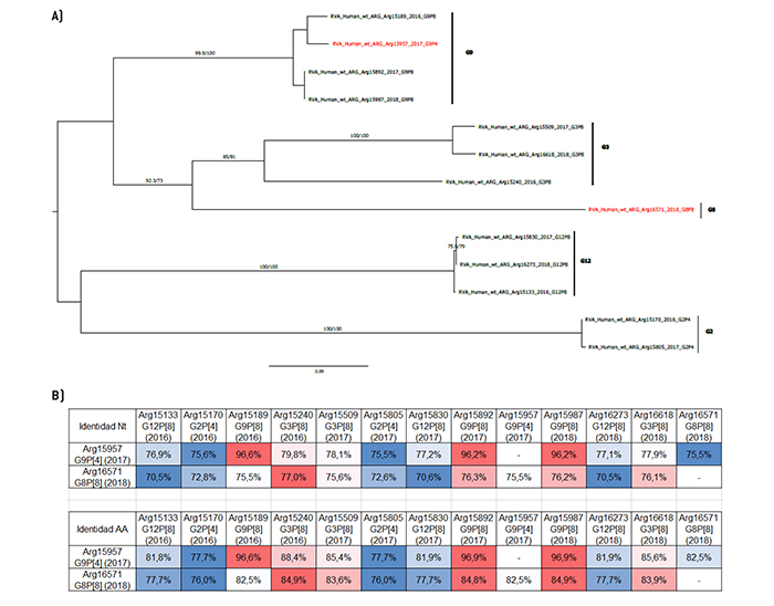 Análisis filogenético y matriz de distancias del gen VP7
