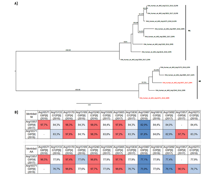 Análisis filogenético y matriz de distancias del gen NSP5